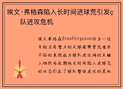 埃文·弗格森陷入长时间进球荒引发球队进攻危机 埃文·弗格森陷入长时间进球荒引发球队进攻危机