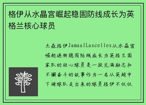 格伊从水晶宫崛起稳固防线成长为英格兰核心球员 格伊从水晶宫崛起稳固防线成长为英格兰核心球员